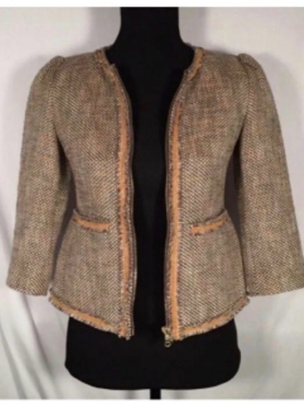 RED Valentino Beige Tweed Frayed-Trim Open Front Jacket